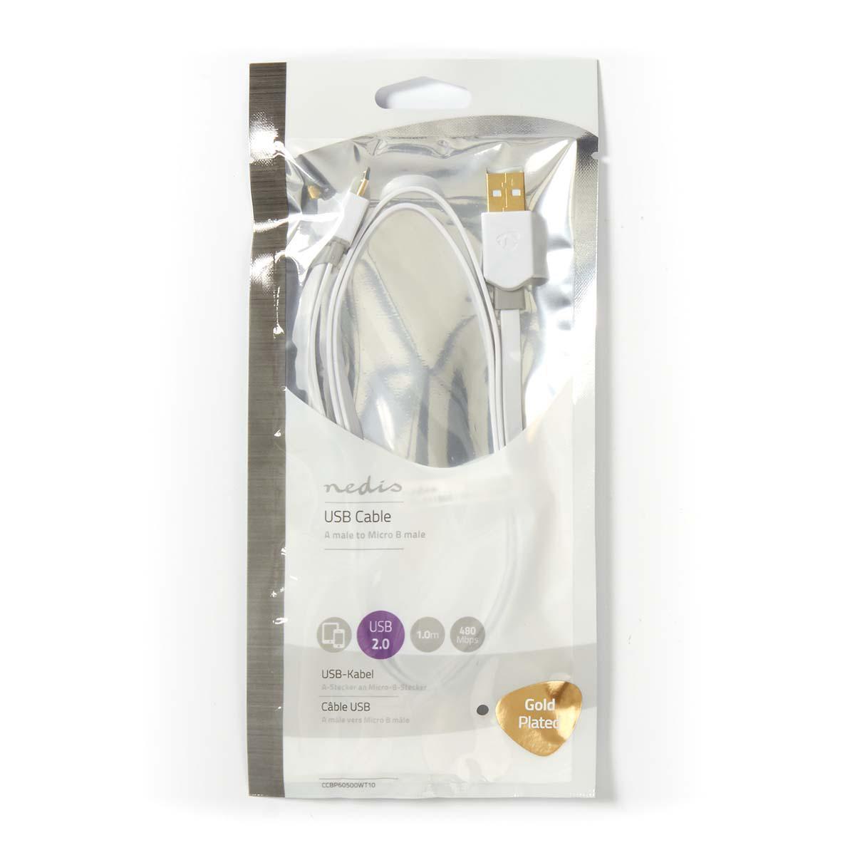 Nedis USB Cable | USB 2.0 | USB-A Male | USB Micro-B Male | 480 Mbps | Gold Plated | 1.00 m | Flat | PVC | White | Polybag