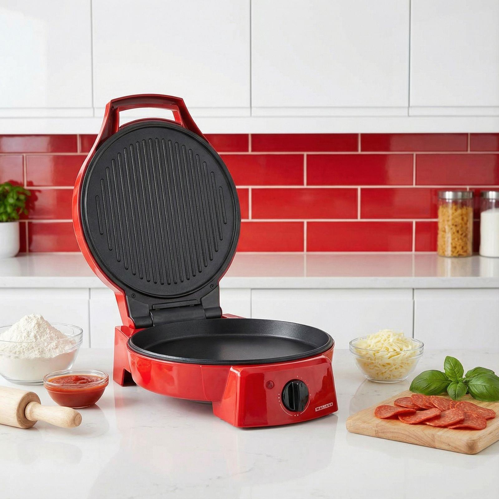 MELISSA 12" Electric Pizza Maker & Table Top Grill, Indoor Portable Pizza Oven with Non-Stick 12" Plates, 3 Heat Settings Max 230°C - Retro Red