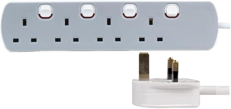 4 Gang 1m Mains Extension Lead Socket Individually Switched 13A - Grey
