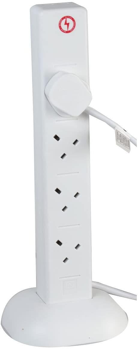 8 Gang Tower 2m Mains Extension Lead Socket Surge Protected 13A with USB Charge Ports - White