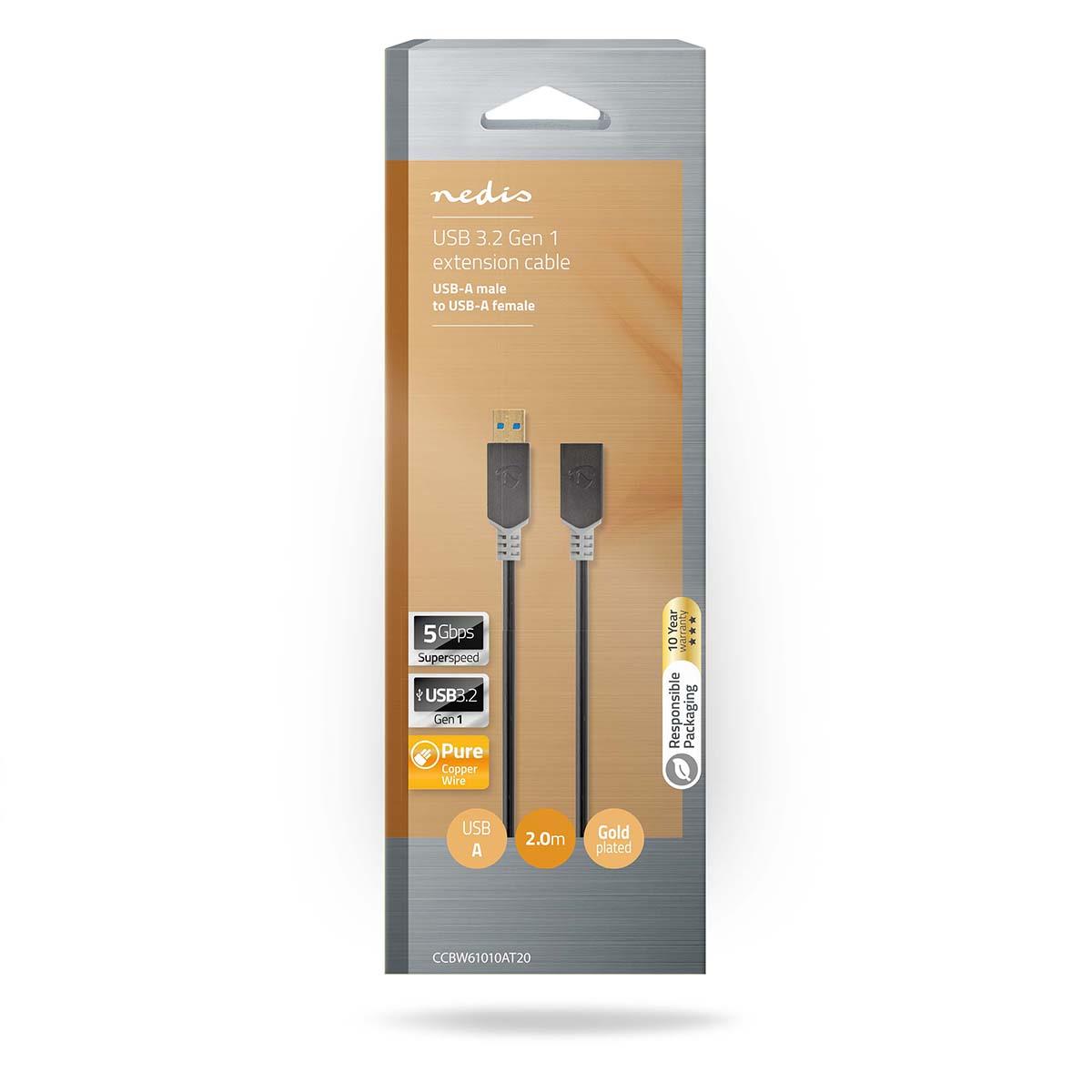 Nedis USB Cable | USB 3.2 Gen 1 | USB-A Male | USB-A Female | 5 Gbps | Gold Plated | 2.00 m | Round | PVC | Anthracite | Box