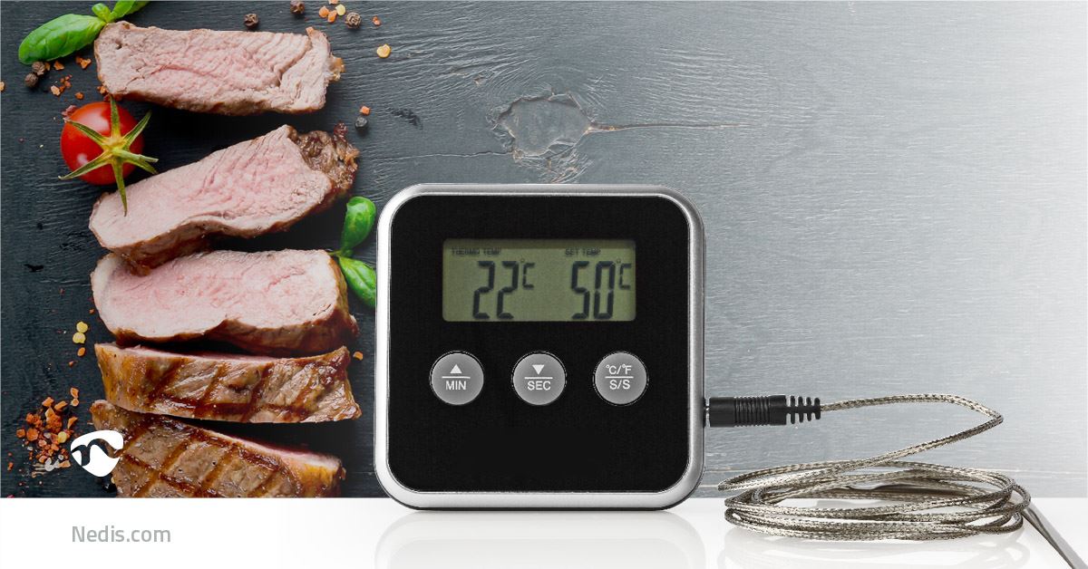 Nedis Meat Thermometer | Alarm / Timer | LCD Display | 0 - 250 °C | Black / Silver