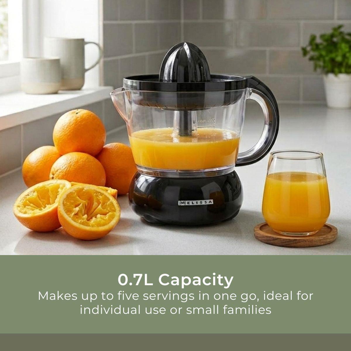 MELISSA 0.7L Electric Citrus Press Juicer Squeezer, 40W Motor, with Bi-Directional Twist, 2 x Interchangeable Cones, and Easy Pour Spout, for Lemon Grapefruit Orange Lime Juice Extractor - Black