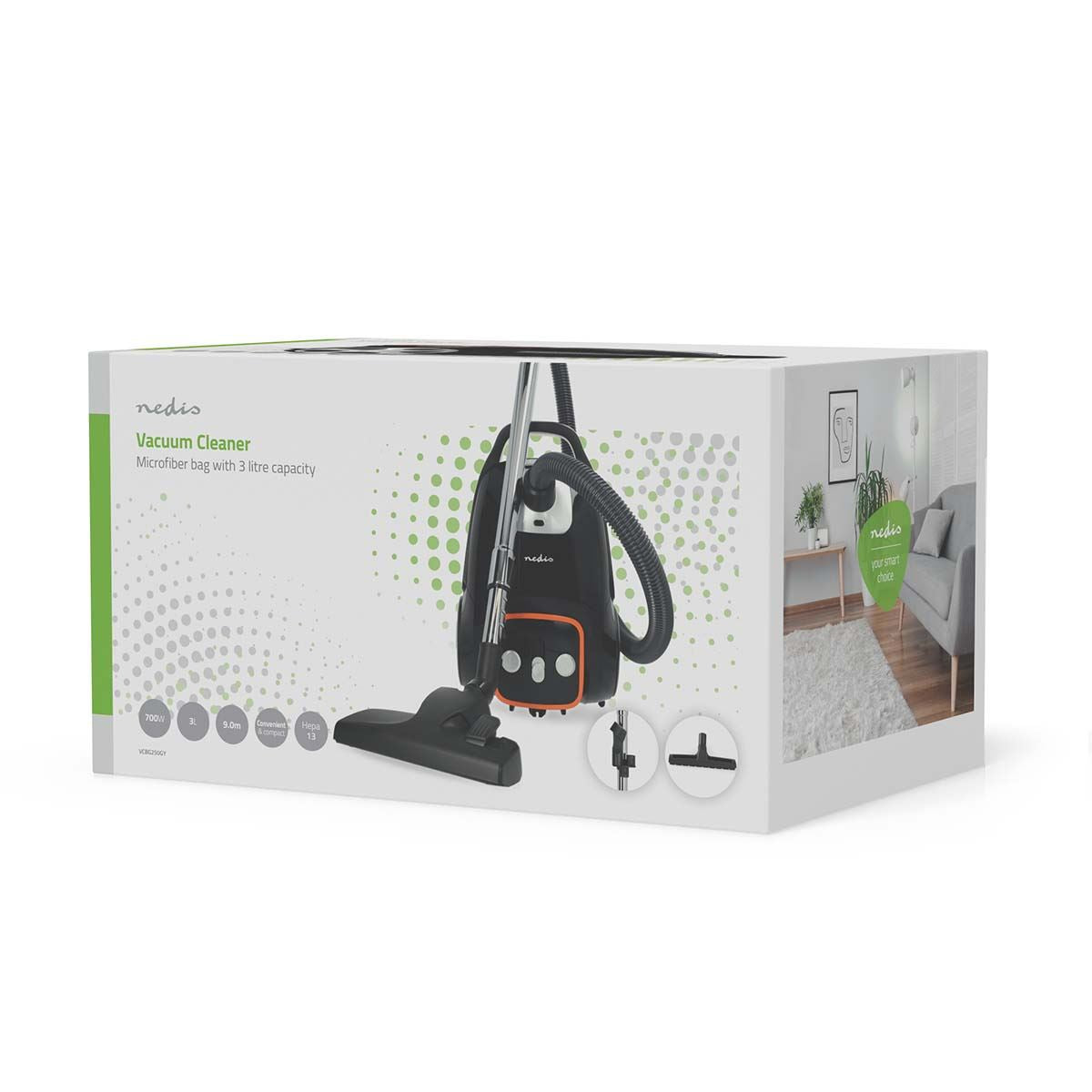 Nedis Vacuum Cleaner | With Bag | 700 W | Dust capacity: 3.0 l | Combi Brush | Action radius: 9.00 m | Vacuum cleaner suction control | Hepa 13 | Anthracite / Black / Orange