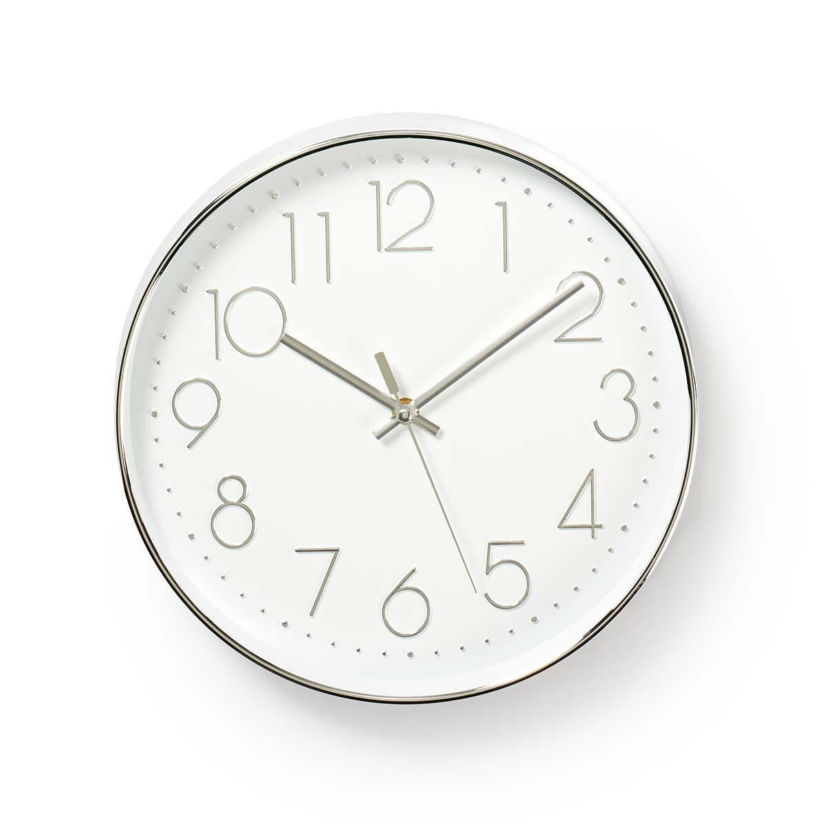 Nedis 30cm Wall Clock with Easy Read Numbers, Silent Movement, Battery Powered - Silver / White