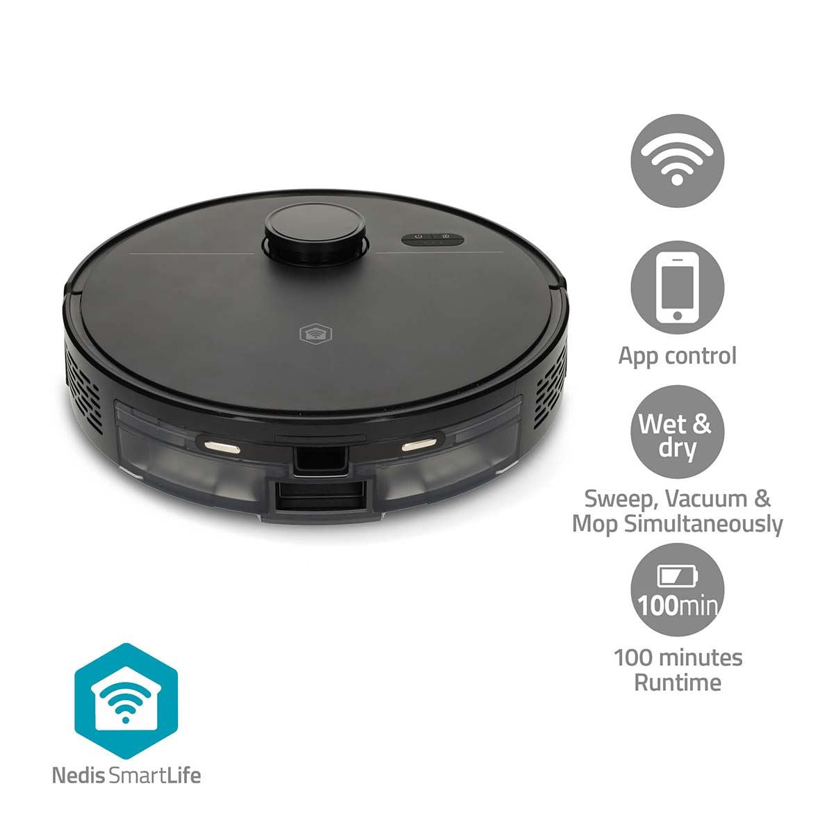 Nedis SmartLife Robot Vacuum Cleaner | Laser Navigation | Wi-Fi | Capacity collection reservoir: 0.6 l | Automatic charging | Maximum operating time: 1.75 hrs | Black | Android™ / IOS