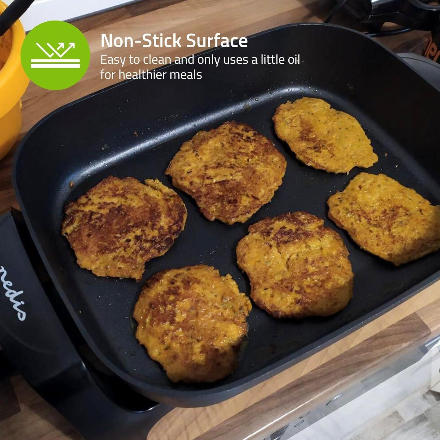 Nedis 7L Non Stick Electric Skillet Pan Cooker, 40cm XXL Multi Function with Tempered Glass Lid and Thick Cast Aluminium Body, 2200W for Frying, Baking, Stewing, Braising, Cooking - Black