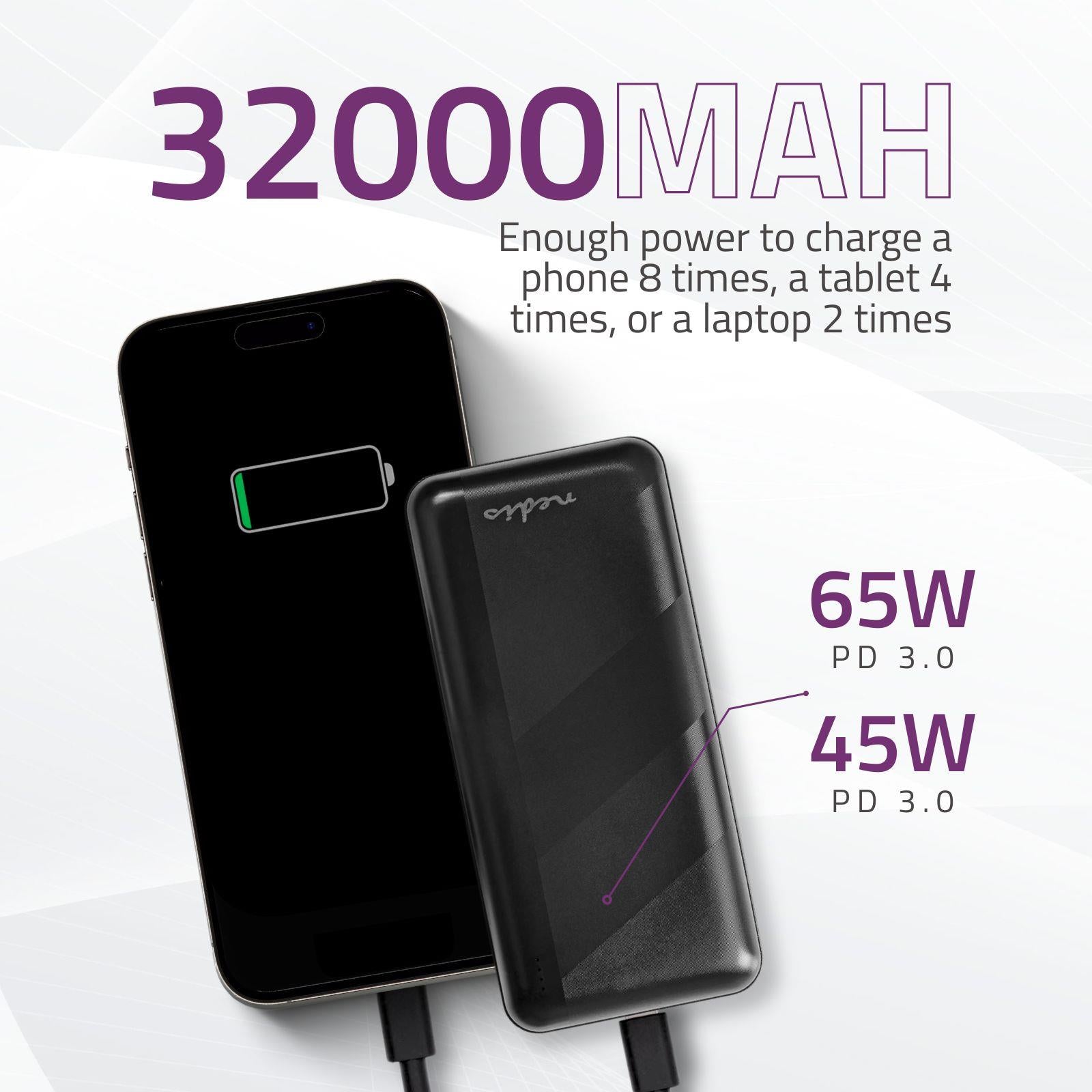 Nedis Powerbank | 32000 mAh | 2.4 / 3.0 / 3.25 A | Number of outputs: 2 | Output connection: 1x USB-A / 1x USB-C™ | Input connection: 1x Micro USB / 1x USB-C™ | PD3.0 45W / PD3.0 65W | Lithium-Polymer