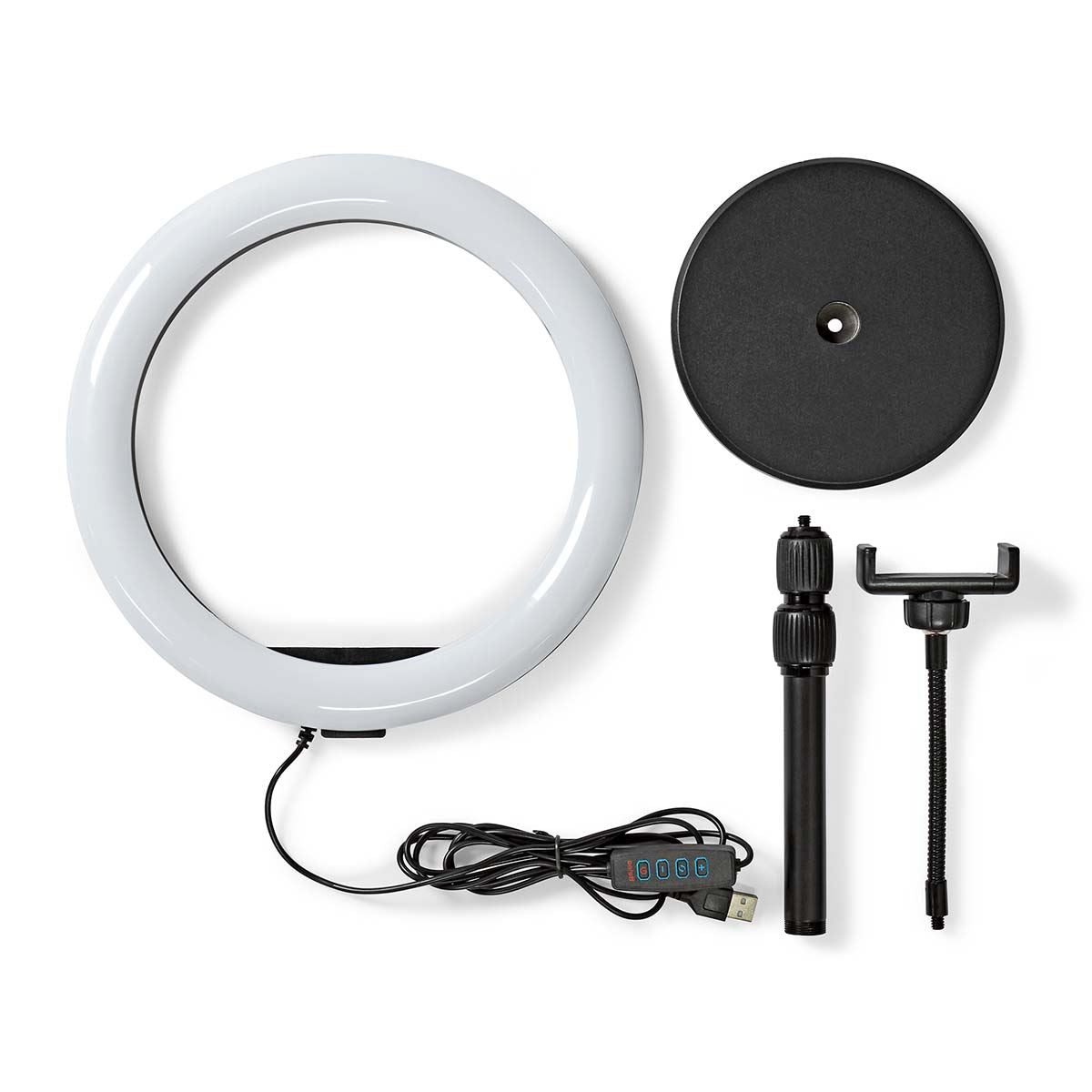 Nedis Ring Light, 10" LED Ring Lamp with 120 LEDs on Aluminium Table Stand, USB Powered, with Flexible Phone Holder, 10 Light Modes