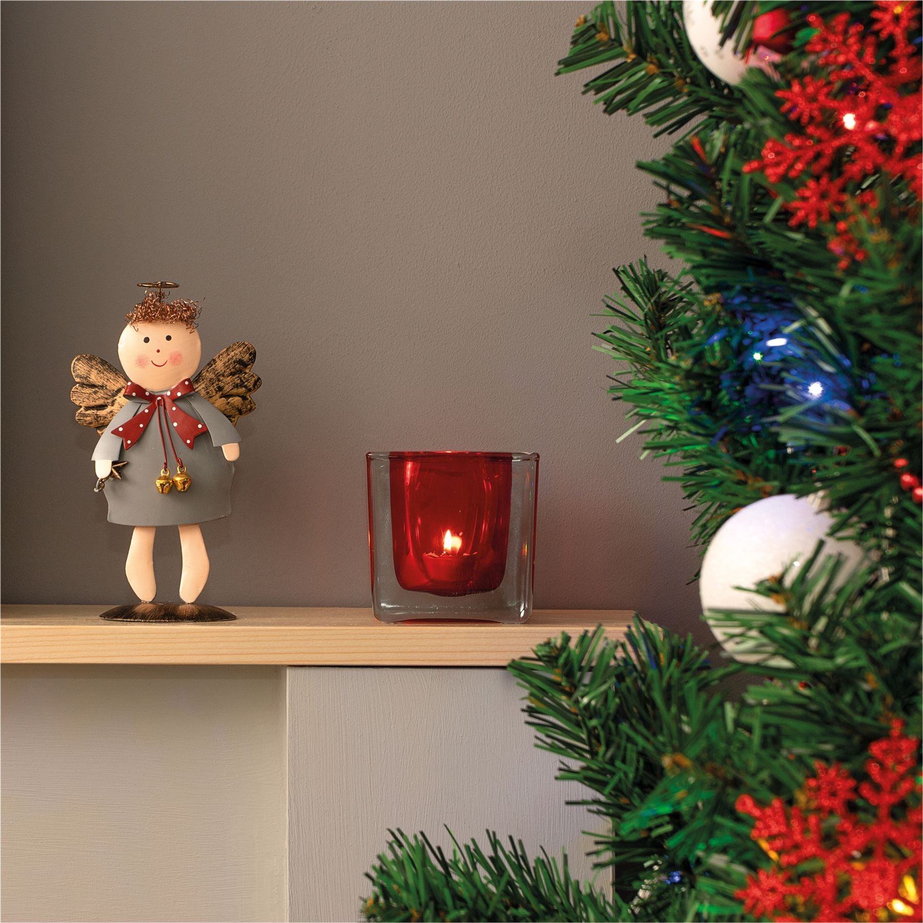 Standing Metal Christmas Angel Ornament Decoration with Wings Halo & Star Bells - Grey