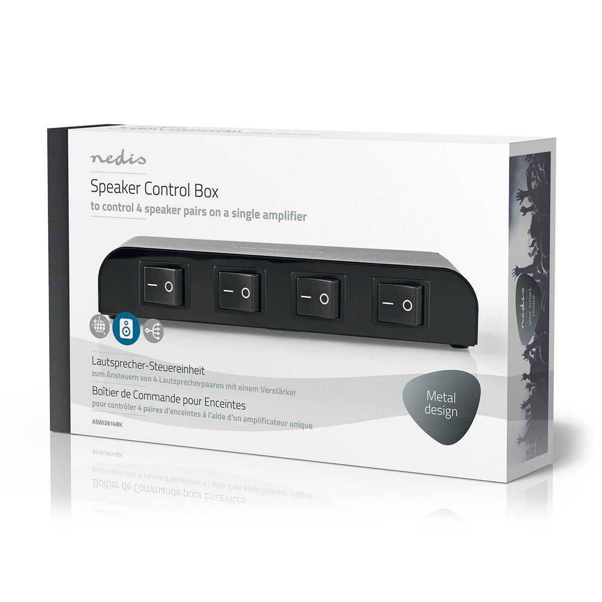 Nedis Speaker Control Switchbox | 4 port(s) | Terminal Screws | Speaker impedance: 4-16 Ohm | Maximum load per channel: 200 W | Aluminium | Black