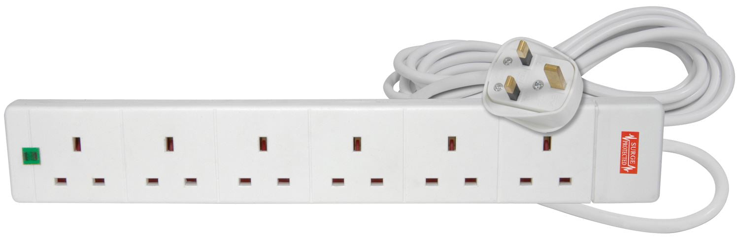Mercury 6 Gang 5m Mains Powered Extension Leads with Surge Protection - White