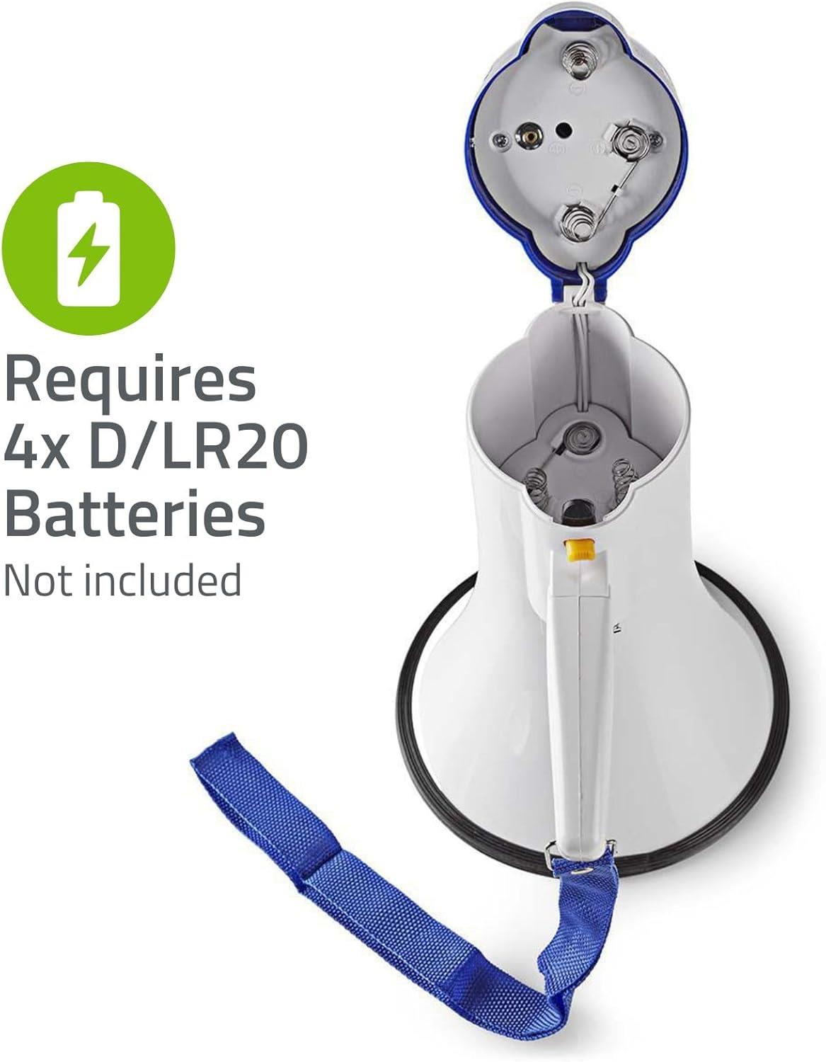 Nedis 10W Megaphone, 250m Range with Built-in Microphone, Siren, Adjustable Volume, Record Function - White & Blue