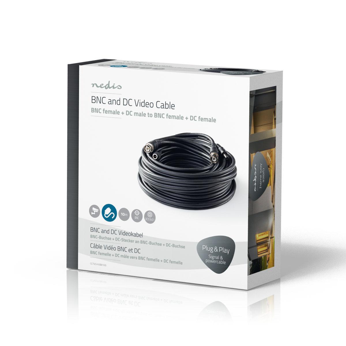 Nedis CCTV 10m Combination Installation Security Cable| BNC / DC Connections|Male to Female Dual Run|Round | PVC | Black