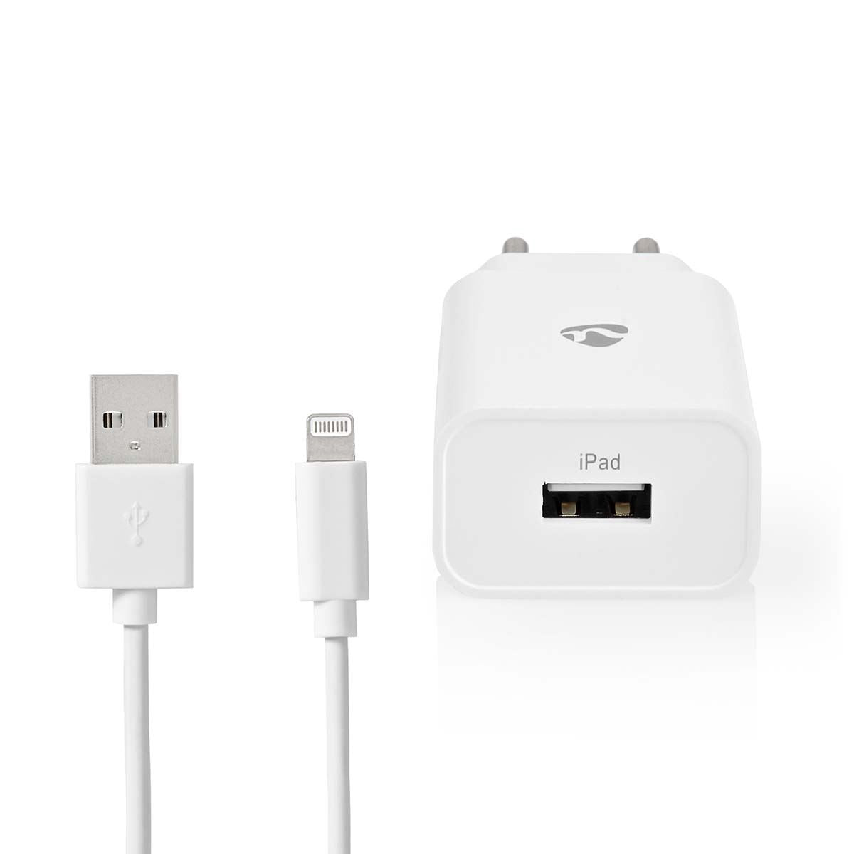 Nedis EU Euro Travel Wall Charger | 12 W | Quick charge feature | 1x 2.4 A | Number of outputs: 1 | USB-A | Lightning 8-Pin (Loose) Cable | 1.00 m | Single Voltage Output | White