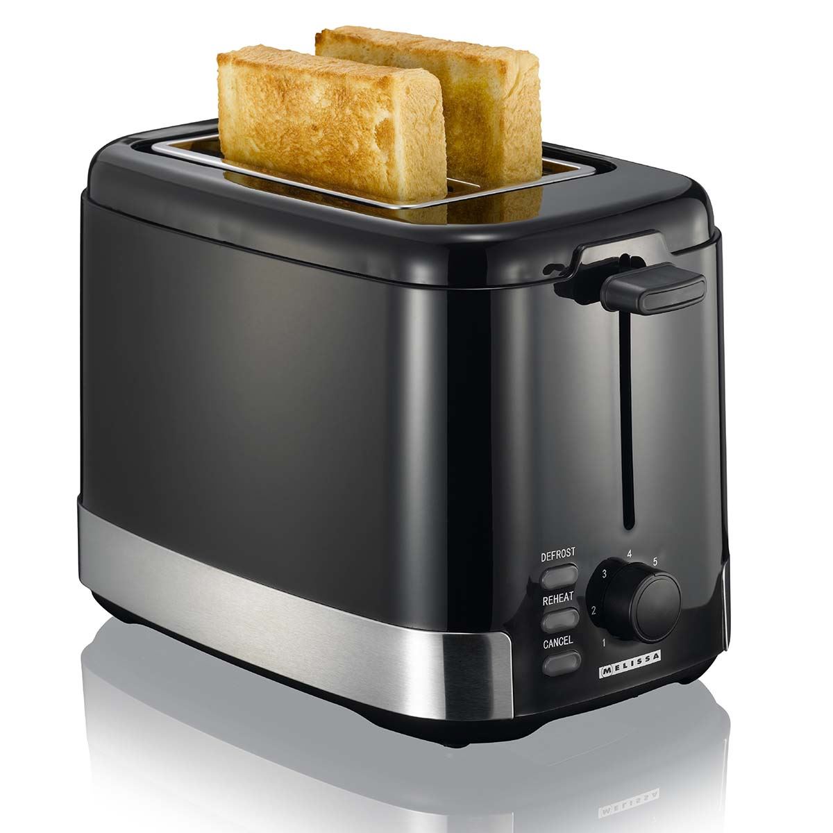 MELISSA 2 Slice Toaster with Wide Slots, Bun Warming Rack, 7 Browning Settings, Defrost, Reheat and Cancel, 800W, Black