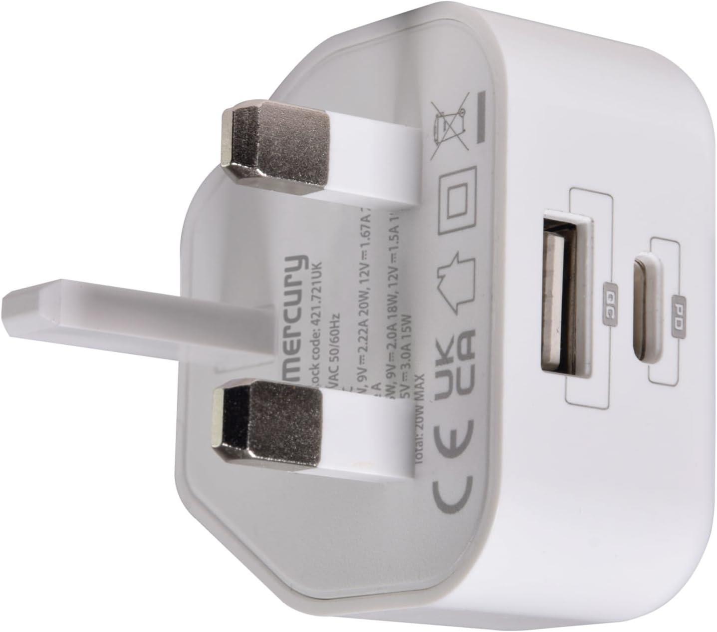 Mercury 20W USB-C & USB-A 2 Ports Fast Charging plug with PD 3.0 & PPS Technology – Compact, Lightweight, and Universal Charger for iPhone, iPad, and More | White