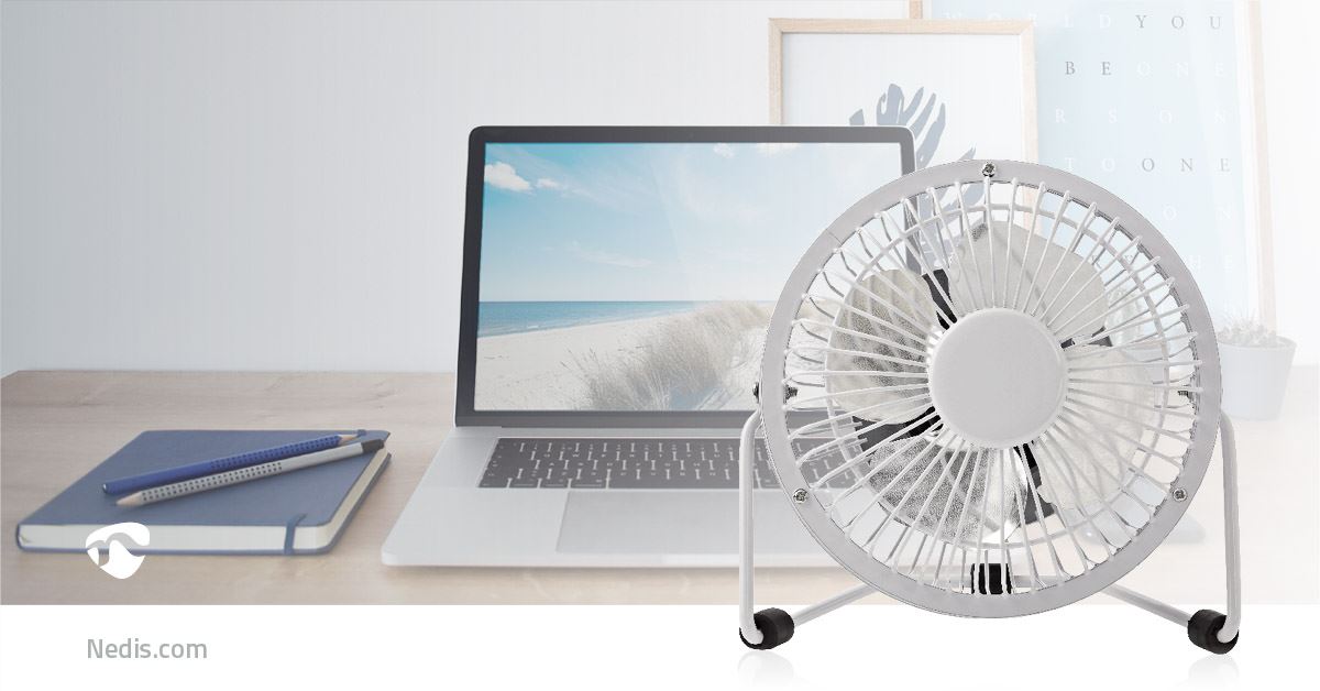 Nedis USB Table Fan, Compact Design for Cluttered Desks, 360° Rotation, Low 2.5 W Power, Metal Build, 100mm Diameter, White - Simply Plug Into Notebook, Powerbank or USB Device
