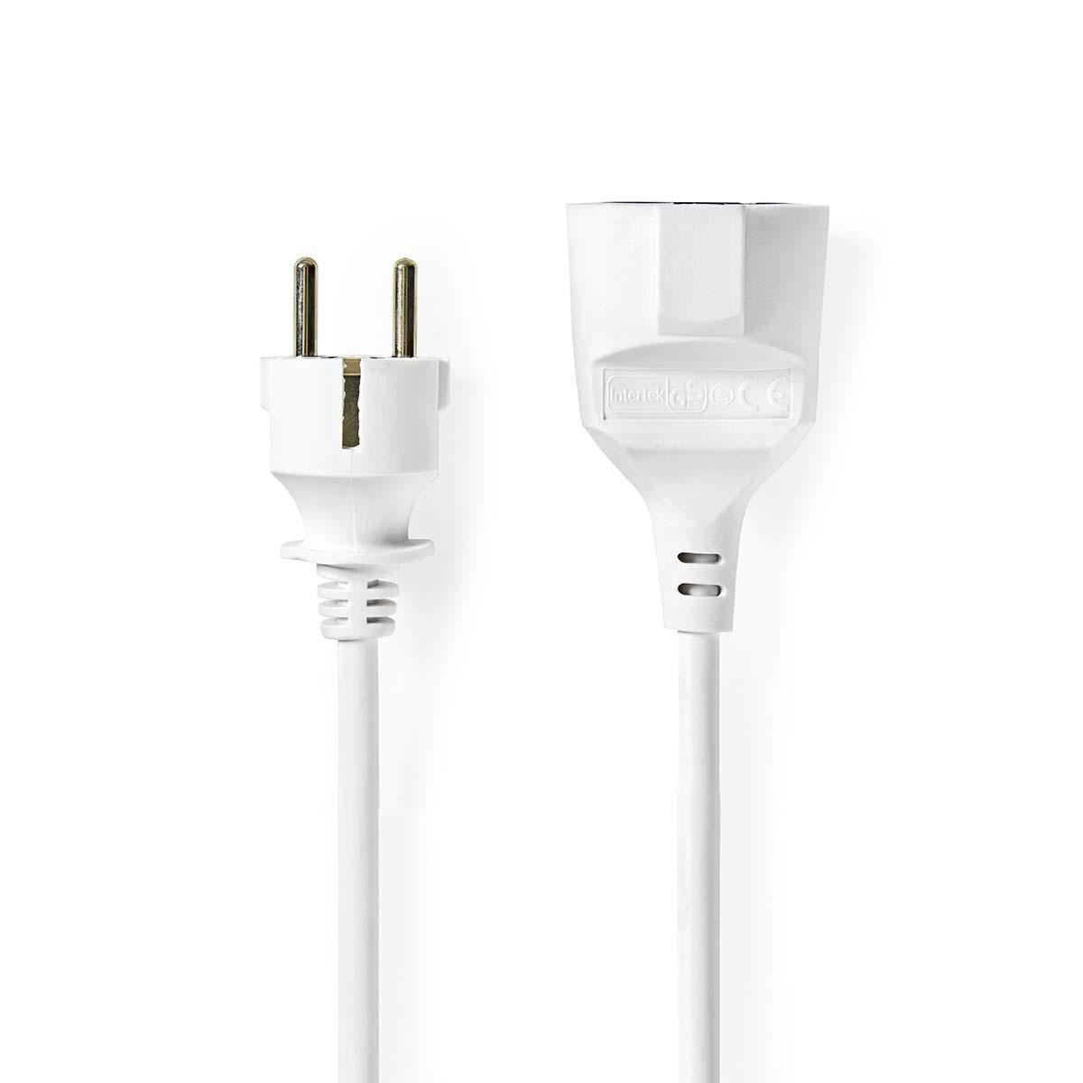 Nedis EU Shuko Power Extension Cable | Plug with earth contact male | Plug with earth contact female | Straight | Straight | Nickel Plated | 10.0 m | Round | White | Shrink Pack