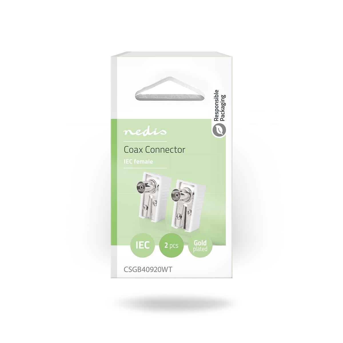 Nedis IEC (Coax) Connector | Angled | Female | Nickel Plated | 75 Ohm | Screw | Cable input diameter: 7.0 mm | Metal / PVC | White | 2 pcs