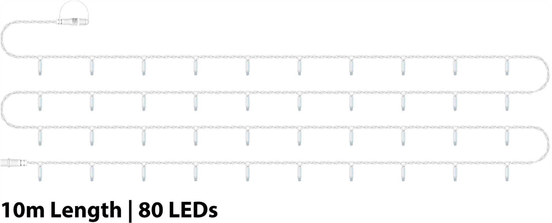 10m Easy-Connect Cool White 80 LED String Lights With Interconnectable White Rubber Cable