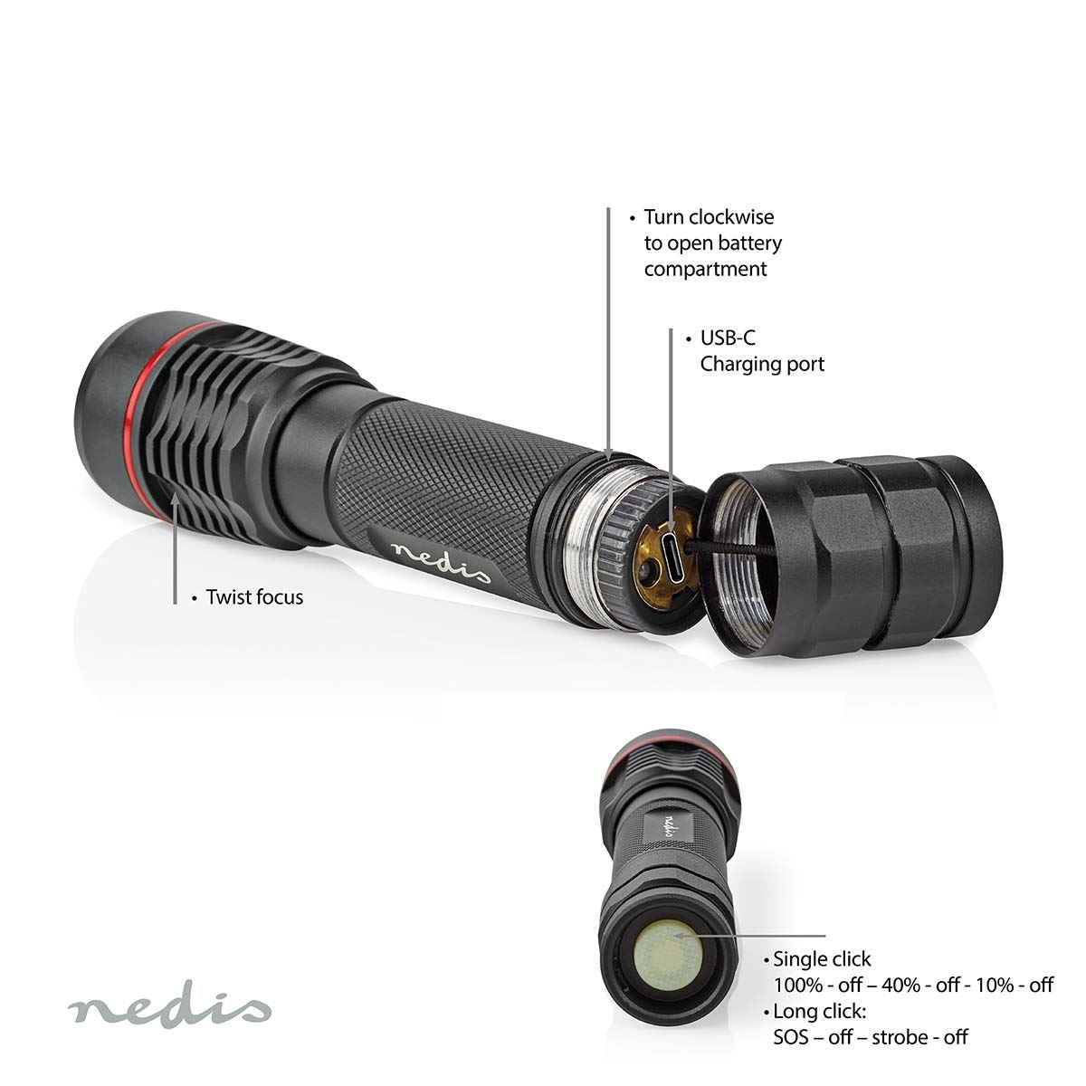 Nedis LED Torch, Rechargeable 1000 Lumen Flashlight with Adjustable Focus Beam, USB-C Charging, IPX7 Water-Resistant, 200m Beam, 2h Runtime