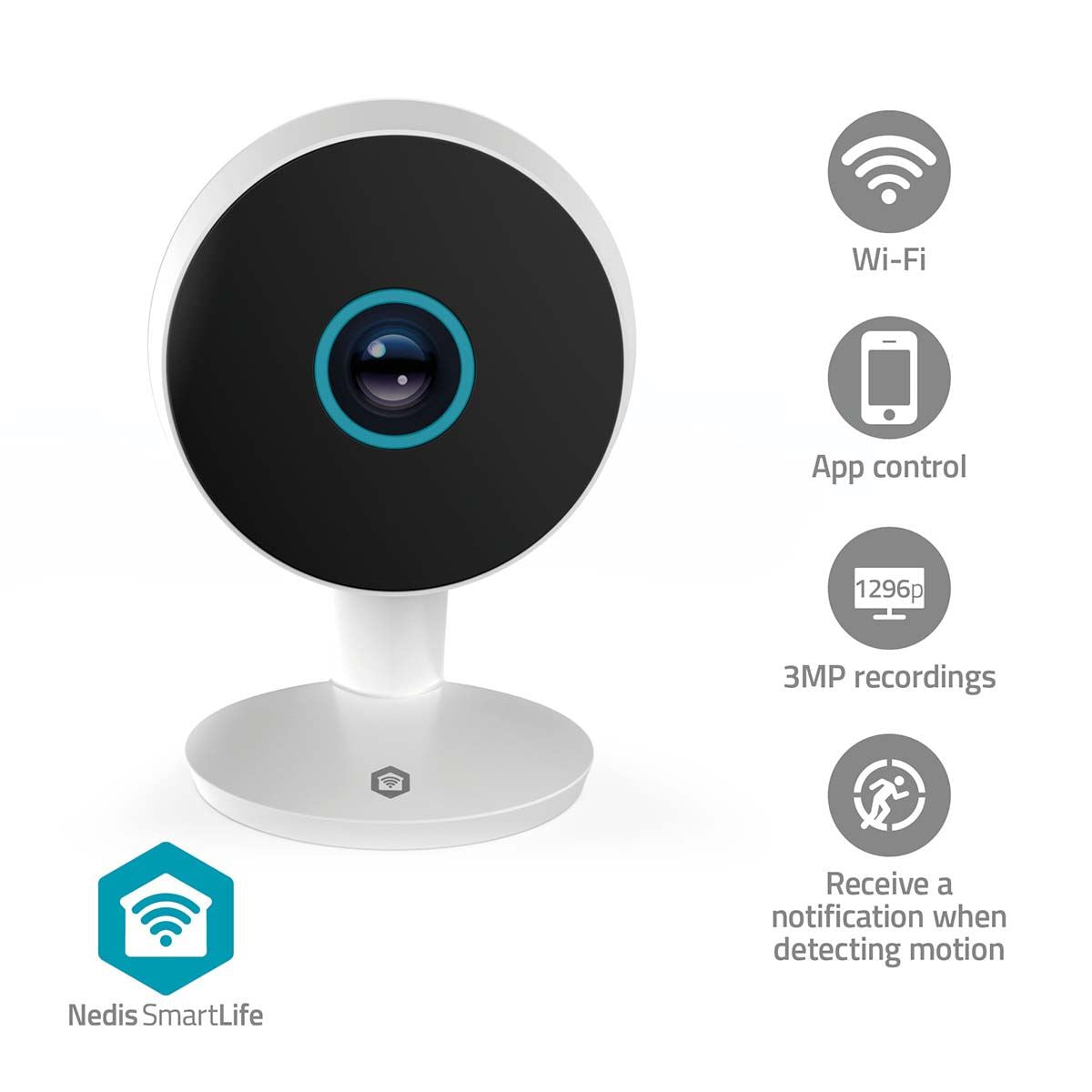 Nedis SmartLife Indoor Camera | 3MP Full HD 1296p | Cloud Storage (optional) / microSD (not included) / Onvif | With motion sensor | Night vision | White