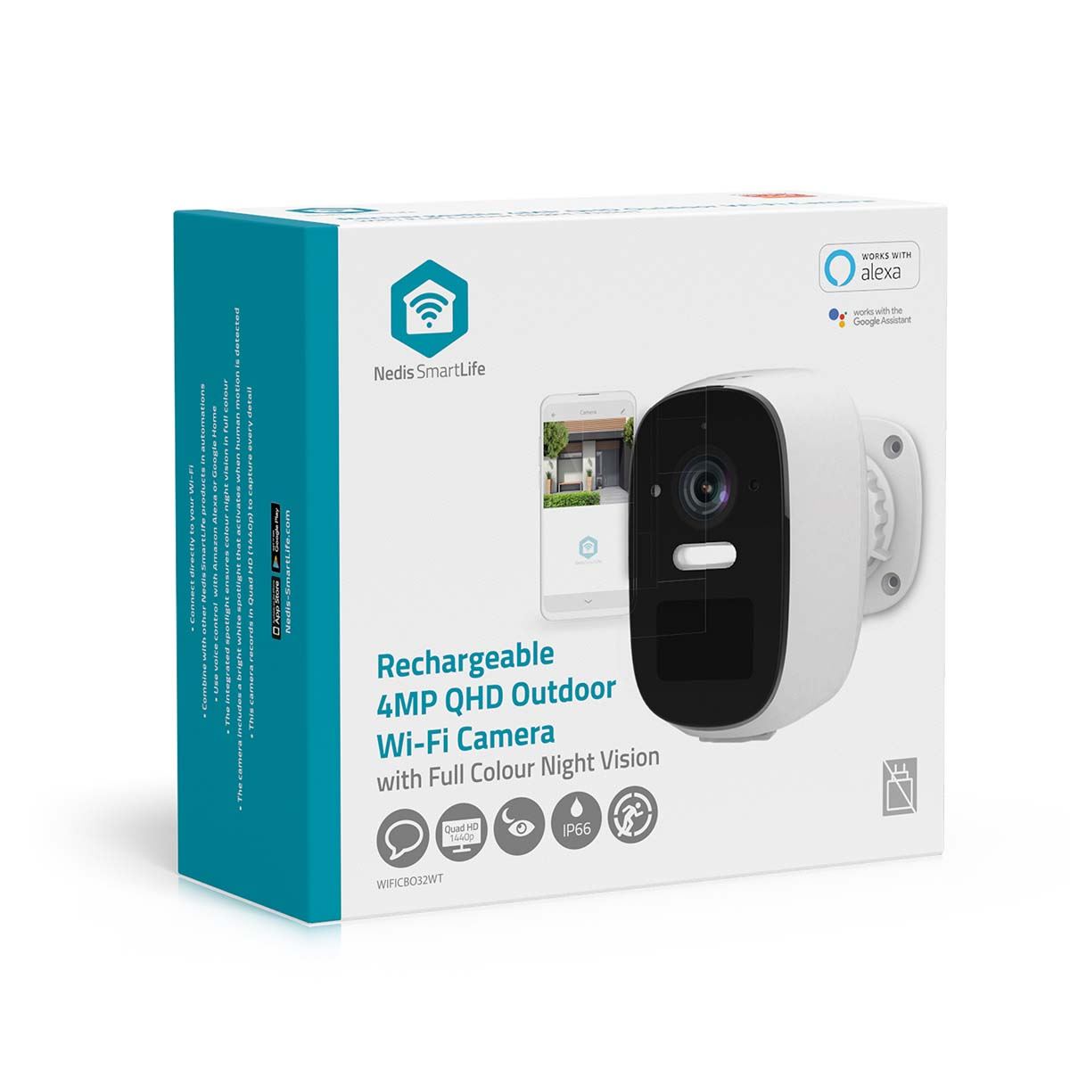 Nedis SmartLife Outdoor Camera 2K+ 4MP Quad HD Wi-Fi IP, Wireless with Spotlight, Colour Night Vision, PIR Motion Sensor, Human Detection, 2-Way Audio, 120� Wide View, IP66 Waterproof - White