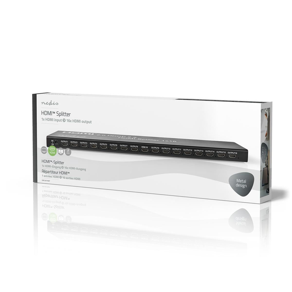 Nedis HDMI™ Splitter | 16 port(s) | HDMI™ Input | USB-A Female / 16x HDMI™ Output | 4K@60Hz | 18 Gbps | Metal | Anthracite