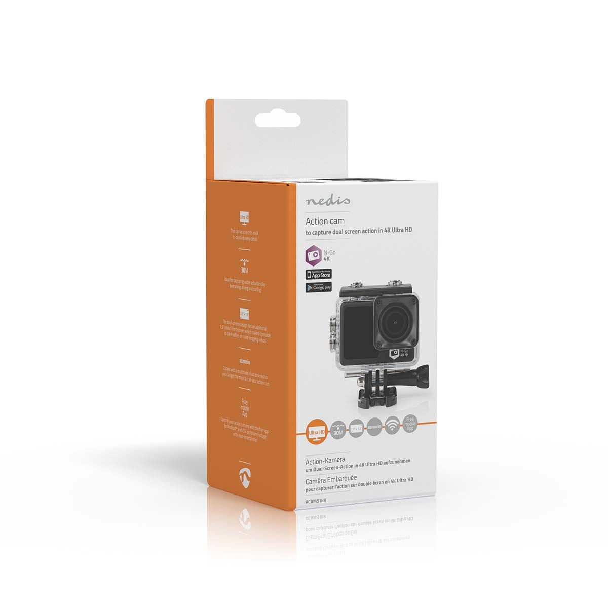 Nedis Dual Screen Action Cam, 4K Ultra HD 30fps, 16MP Photos, 2" Touch Back Screen, 1.3" Front Screen for Selfies & Vlogging, Waterproof to 30m with Mounting Kit and Wi-Fi Connectivity