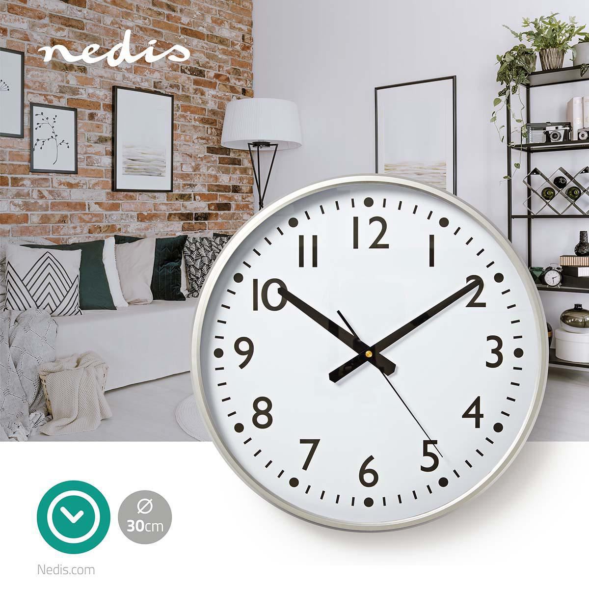 Nedis 38cm Large Wall Clock with Easy Read Numbers, Battery Powered - White