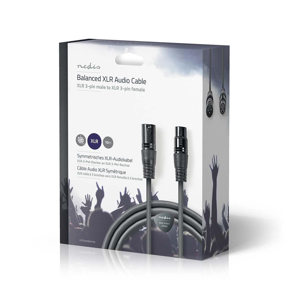 Nedis Balanced Audio Cable | XLR 3-Pin Male | XLR 3-Pin Female | Nickel Plated | 10.0 m | Round | PVC | Dark Grey | Gift Box