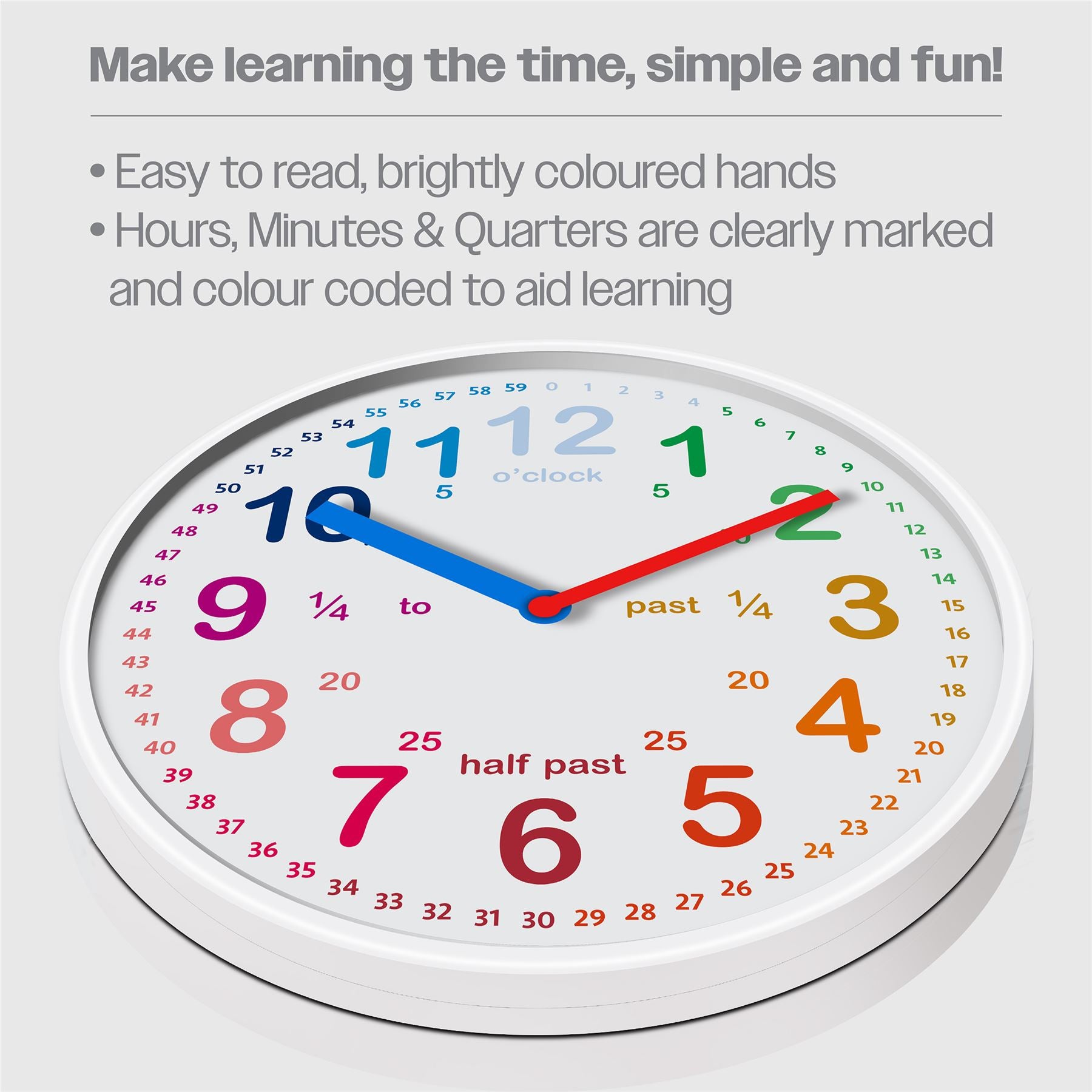 25cm Large Kids Time Teach Kids Wall Clock Bedroom School Home - White