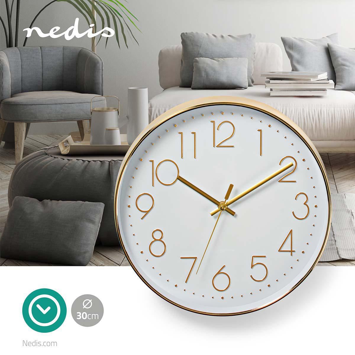 Nedis 30cm Wall Clock with Easy Read Numbers, Battery Powered - Gold  / White