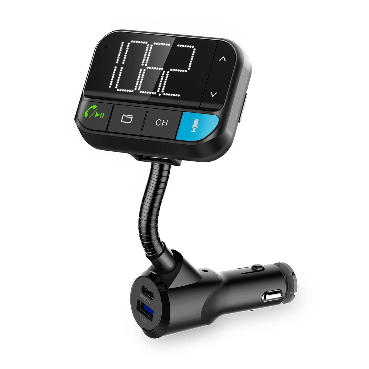 Nedis Car FM Transmitter | Gooseneck | Speakerphone | 2 " | Black White Screen | Bluetooth® | PD 20 W / QC 3.0 | Fast charging | Bass boost | Google Assistant / Siri | Black
