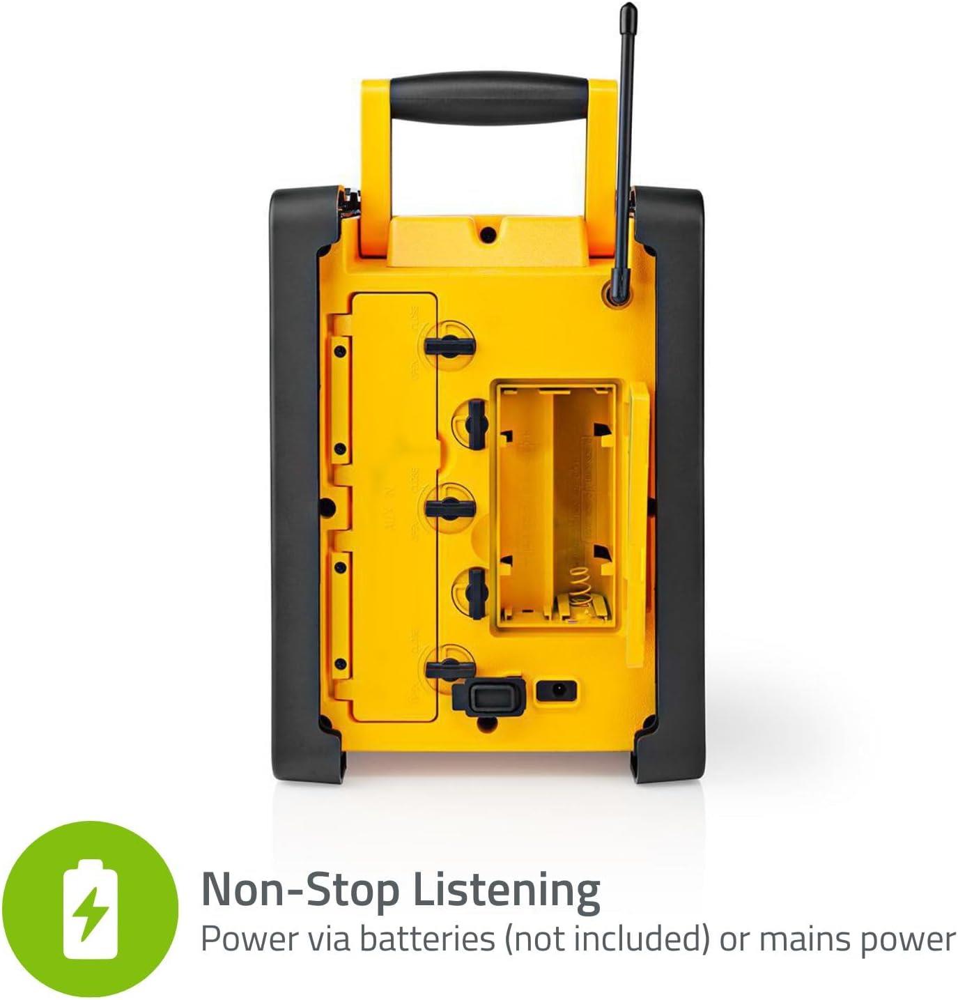 Nedis FM Radio | Jobsite Radio | FM | Battery Powered / Mains Powered | Digital | 15 W | Screen size: 2.2 " | Blue White Screen | IPX5 | Carrying handle | Black / Yellow