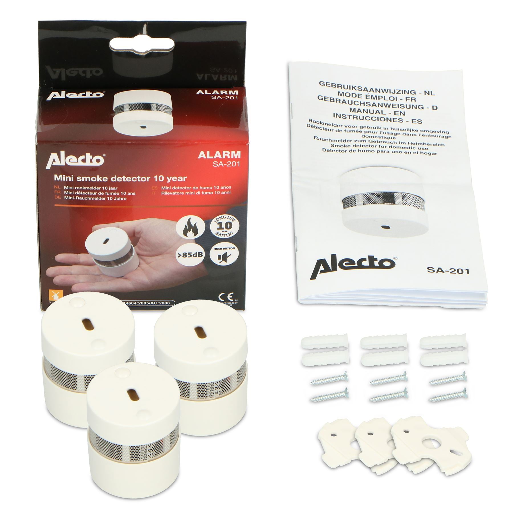 Alecto SD1020 Mini Smoke detector with Runtime Sensor | >85 dB | 10 Year Battery Included | EN14604:2005/AC:2008 | White | 3 Pack