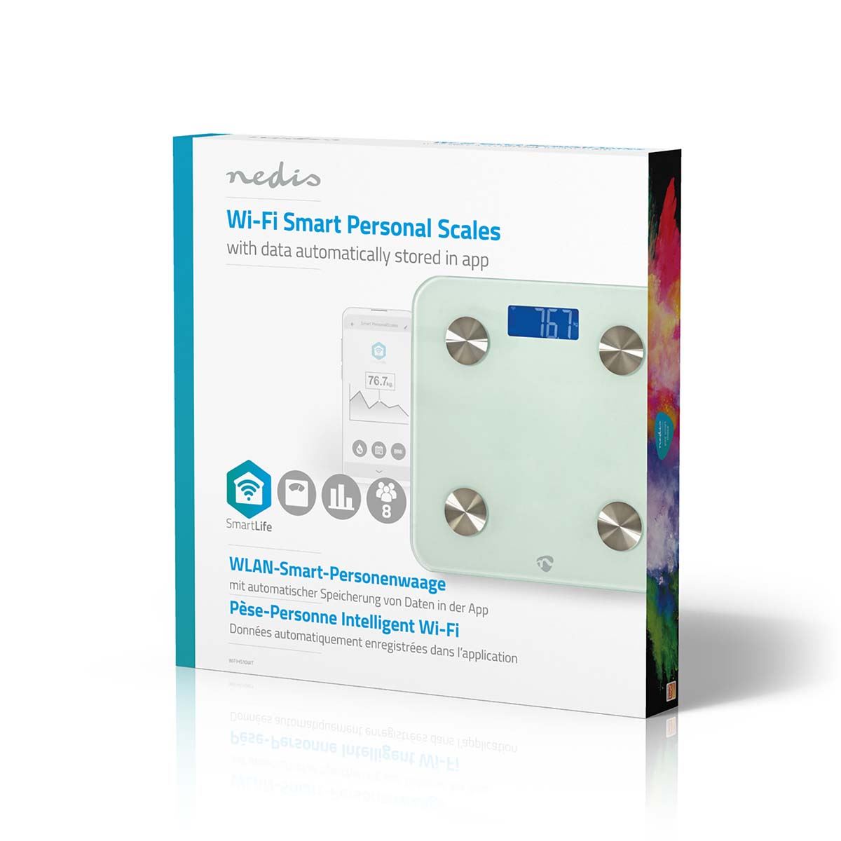 Nedis SmartLife Personal Scale | Wi-Fi | BMR / Bones / Fat / Muscles / Water / Weight | 8 | Peak load: 180 kg | Android™ / IOS | Glass | White