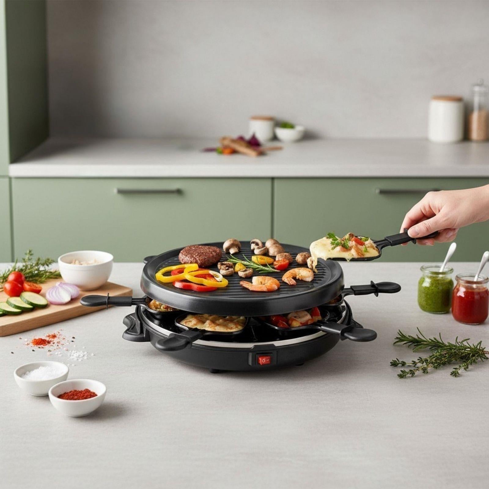 MELISSA Electric Raclette Gourmet Grill, 6 Person Indoor Non-Stick Tabletop Cooker, Removable Round Hot Plate, with 6 x Mini Cheese Pans & Spatulas, 800W