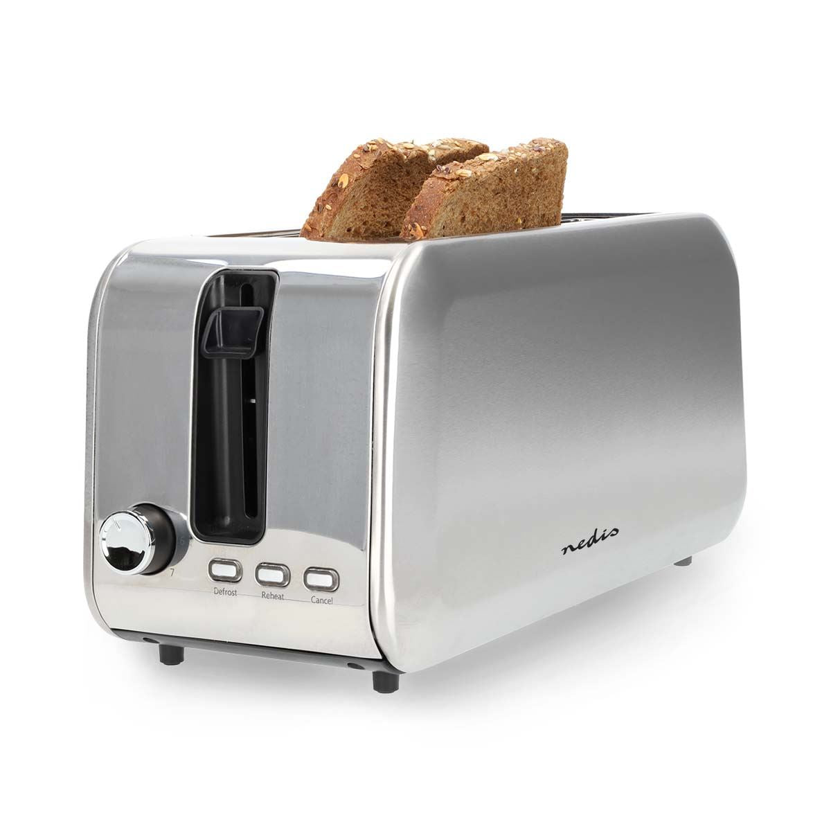 Nedis 2 Slice Toaster with Extra Long Slots, Bun Warming Rack, 7 Browning Settings, Defrost, Reheat and Cancel, 1450W