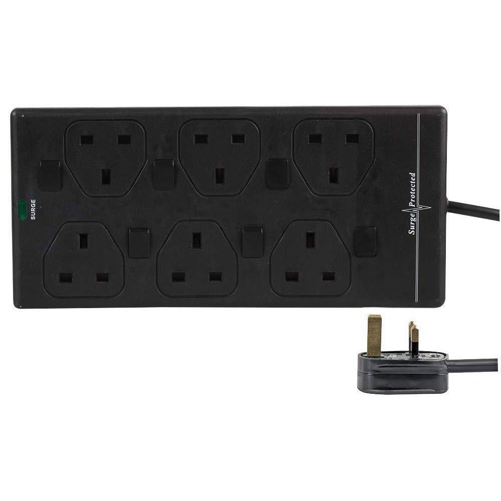 6 Gang 5m Mains Extension Lead Socket Individually Switched 13A with Surge Potection - Black