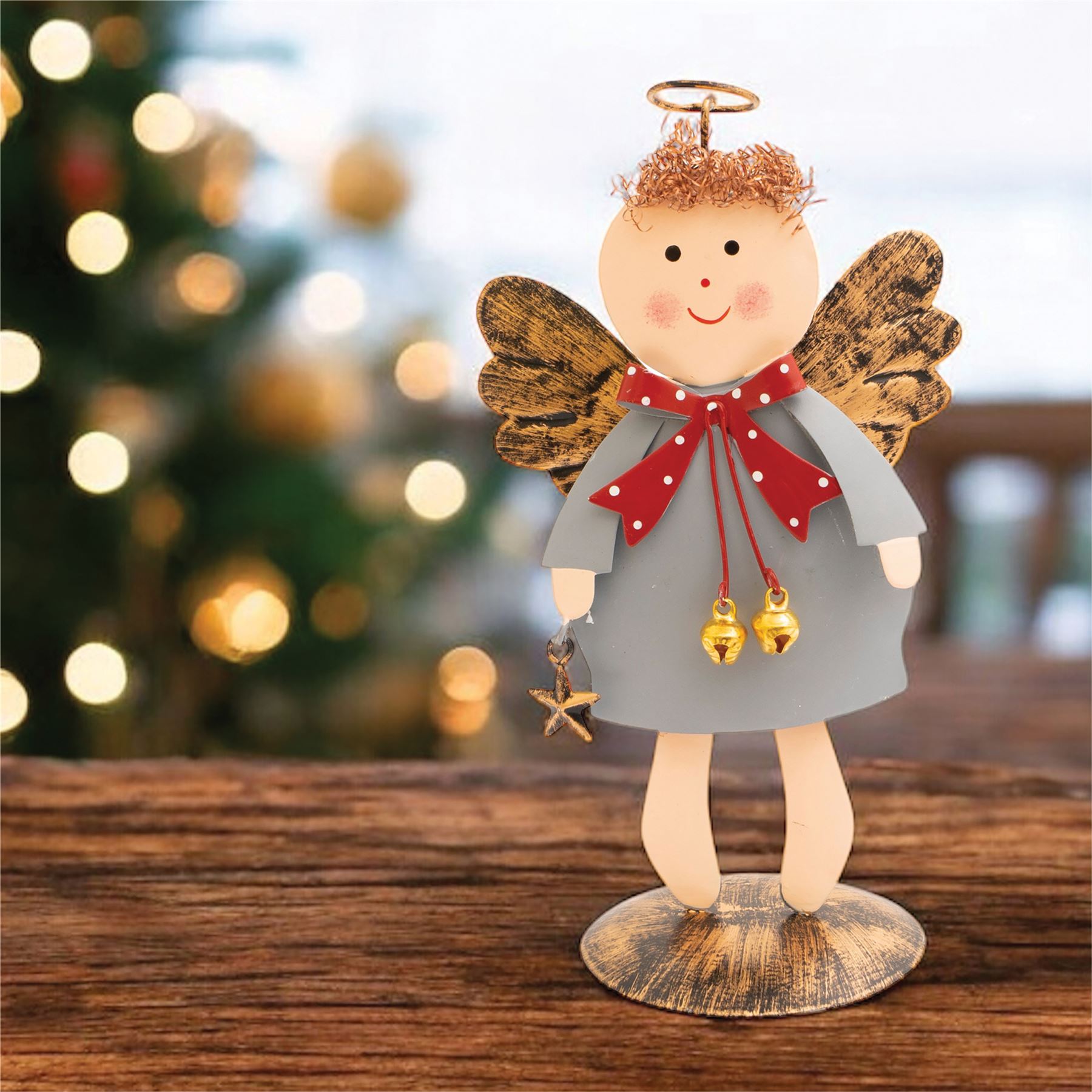 Standing Metal Christmas Angel Ornament Decoration with Wings Halo & Star Bells - Grey