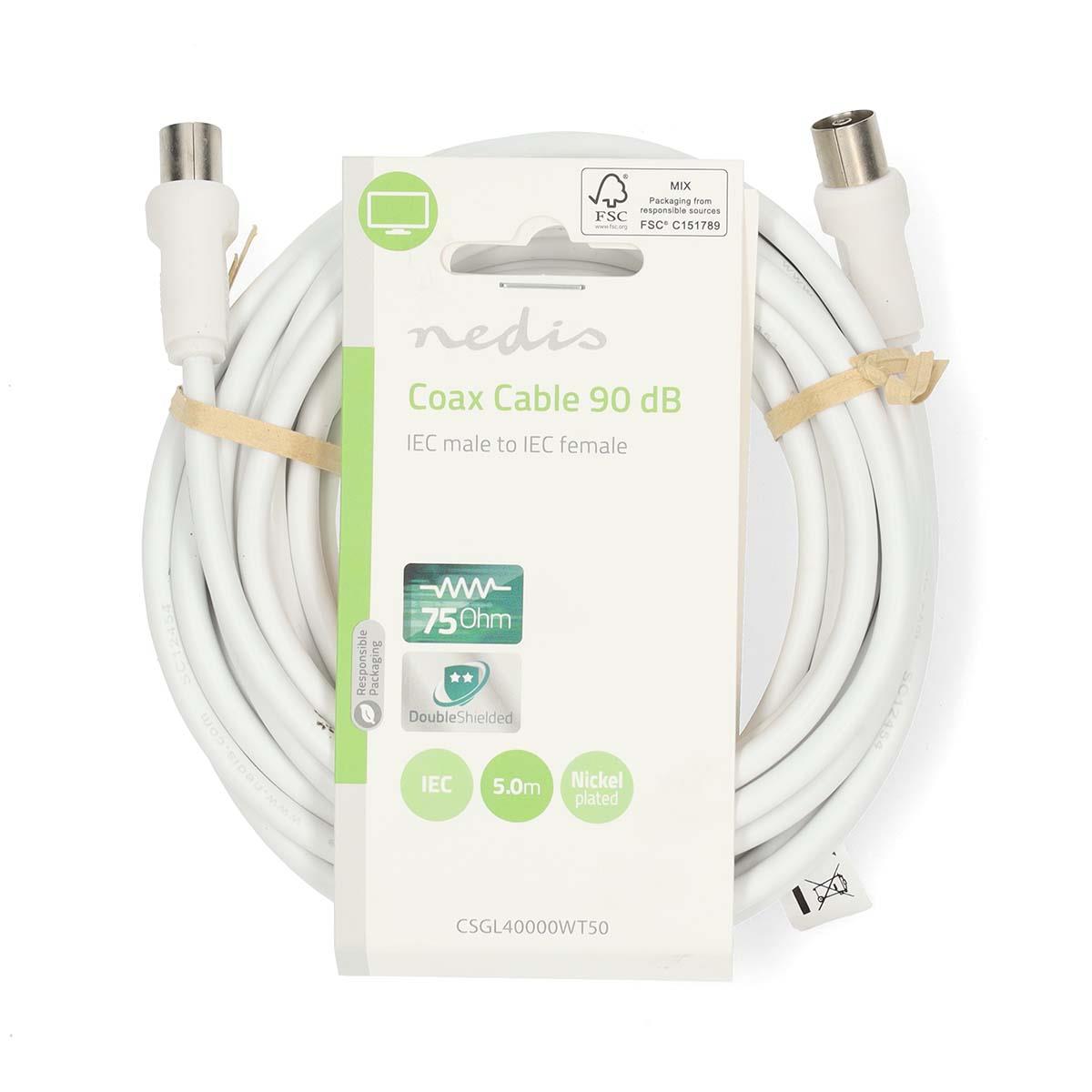Nedis Coax Cable | IEC (Coax) Male | IEC (Coax) Female | Nickel Plated | 90 dB | 75 Ohm | Double Shielded | 5.00 m | Round | PVC | White | Label