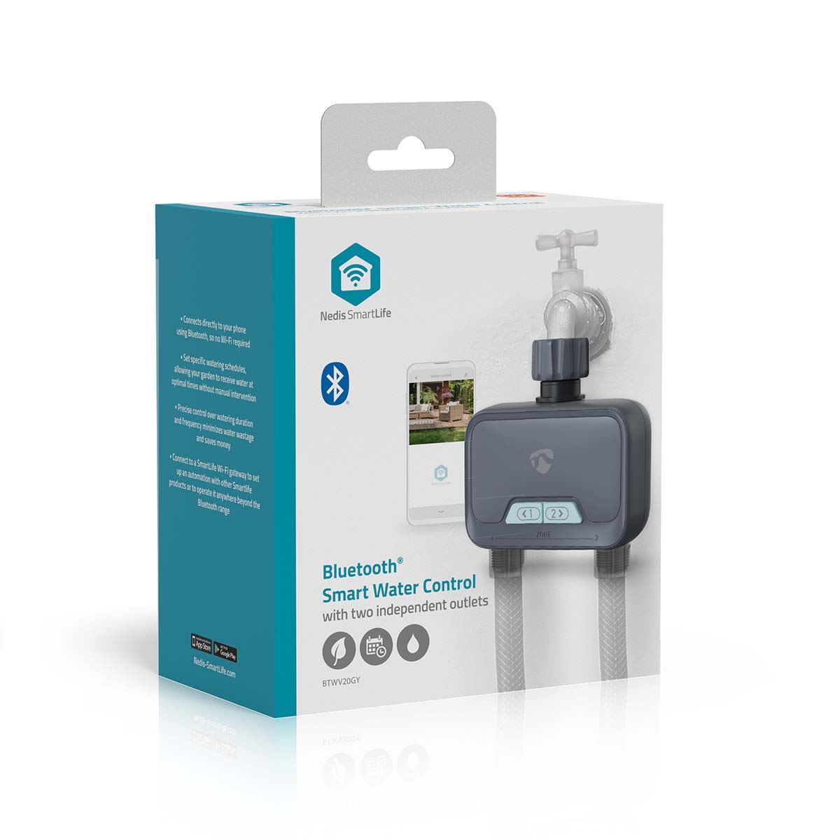 Nedis SmartLife Water Control, Bluetooth Garden Irrigation Timer with 2 Independent Zones, Manual & App Scheduling, Battery Powered, IP54 Waterproof, 3/4" & 1" Tap Connector