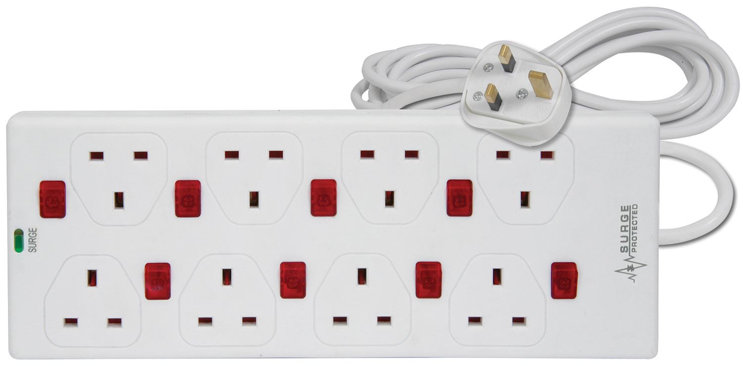 Mercury 8 Gang Extension Cable with Surge Protection & Neon Switches | 2 Metre Cable, White