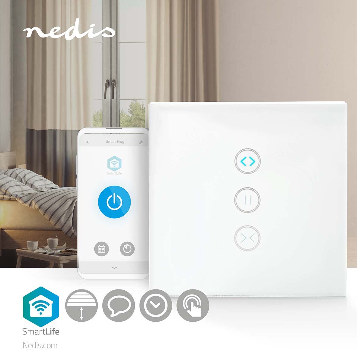 Nedis SmartLife Wall Switch | Curtain / Shutter / Sunshade | Wall Mount | 300 W | Android™ / IOS | Glass | White