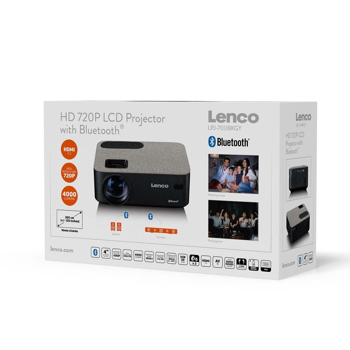 Lenco LCD Projector and Bluetooth® with high resolution, supports HD 720P content Grey