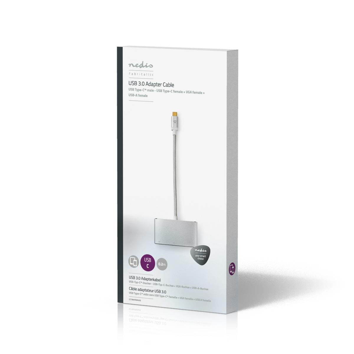 Nedis USB Multi-Port Adapter | 3-in-1 | USB 3.2 Gen 1 | USB-C™ Male | USB-A Female / USB-C™ Female / VGA Female | 5 Gbps | 0.20 m | Round | Gold Plated | Braided / Nylon | Silver | Cover Window Box