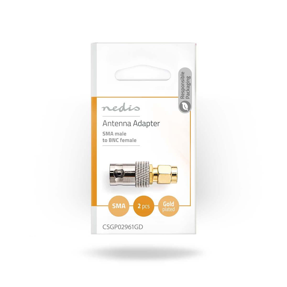 Nedis SMA Adapter | SMA Male | BNC Female | Gold Plated | 50 Ohm | Straight | Copper | Gold | 2 pcs | Box