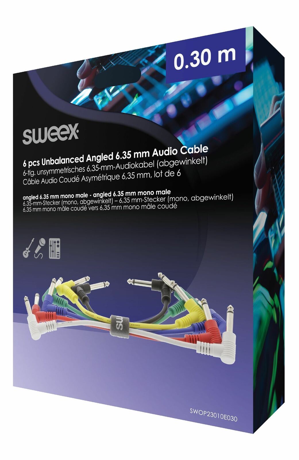 Sweex 90 Degree Guitar Patch Leads Pedal Effects Cable 6.35mm Pack of 6 30cm